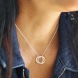 Model Wearing Ladies' Personalised Sterling Silver Interlocking Circles Necklace with Swarovski Crystal