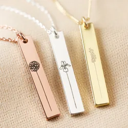 Personalised Birth Flower Flat Bar Pendant Necklace