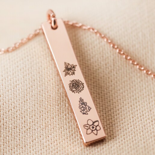 Rose Gold Personalised Birth Flower Flat Bar Pendant Necklace