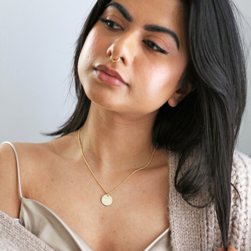 Gold Personalised Name Sterling Silver Disc Necklace on Model