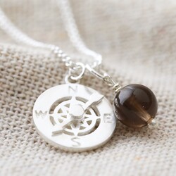 Men's Sterling Silver Compass Pendant and Bead Necklace