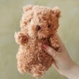 Model holding Little Bear Soft Toy in front of green background 