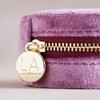 Close-up of Zip on Mauve Pink Velvet Round Travel Jewellery Case