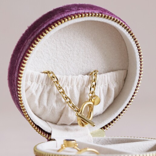 Close-up of Mauve Pink Velvet Round Travel Jewellery Case