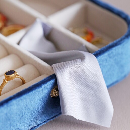 Close-up of Inside Navy Blue Velvet Rectangular Travel Jewellery Case