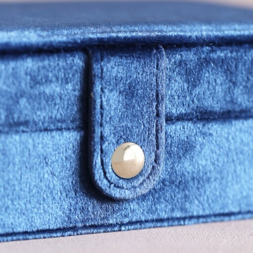 Navy Blue Velvet Rectangular Travel Jewellery Case Popper Fastening