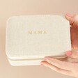Model Holding Personalised Mother's Day Natural Linen Jewellery Case