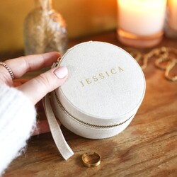 Personalised Round Natural Linen Jewellery Case