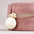 Close-up of Outer Zip on Rose Pink Velvet Round Travel Jewellery Case