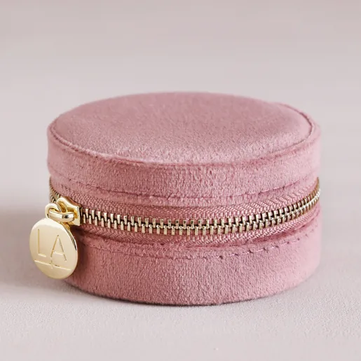 Rose Pink Velvet Round Travel Jewellery Case Closed