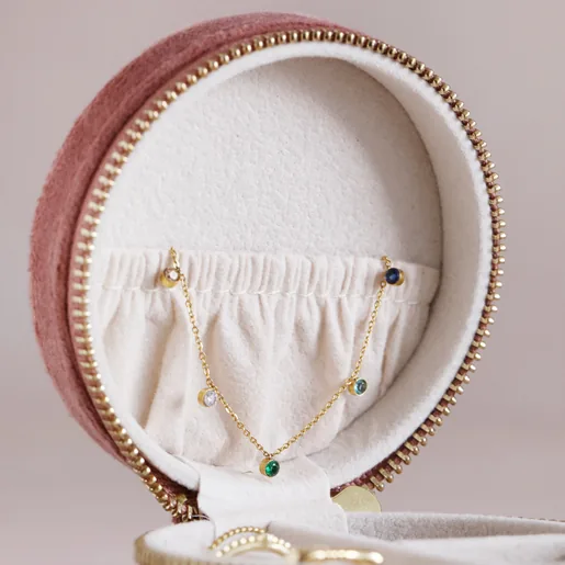Close-up of Inside of Rose Pink Velvet Round Travel Jewellery Case