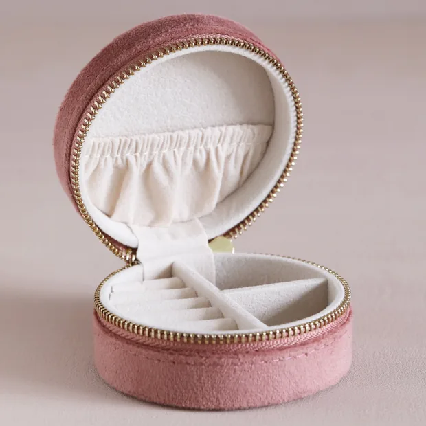 Inside of Rose Pink Velvet Jewellery Case Rose Pink Velvet Round Travel Jewellery Case Inside
