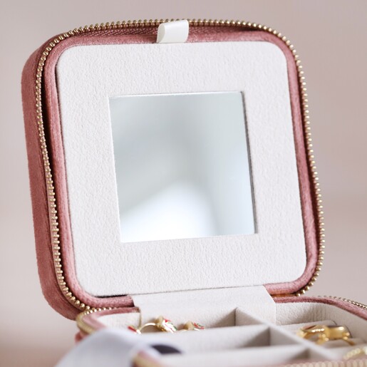 Attached Mirror of Travel Case Attached Mirror of Rose Pink Velvet Square Travel Jewellery Case