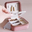 Model Opening Rose Pink Velvet Square Travel Jewellery Case Hidden Compartment