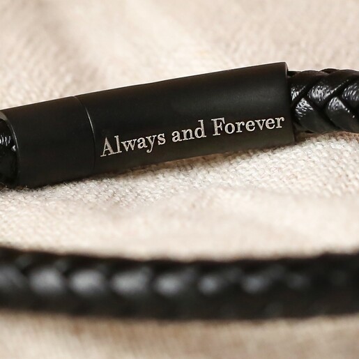 Men's Personalised Leather Valentine's Bracelet with Matt Black Clasp Close Up Men's Personalised Leather Valentine's Bracelet with Matt Black Clasp