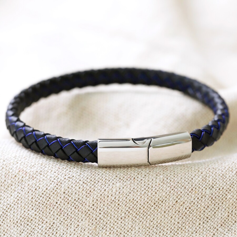 Men's Woven Leather Bracelet in Black and Blue | Lisa Angel