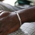 Male Model Wearing Personalised Men's Stainless Steel Chain and Plaque Bracelet