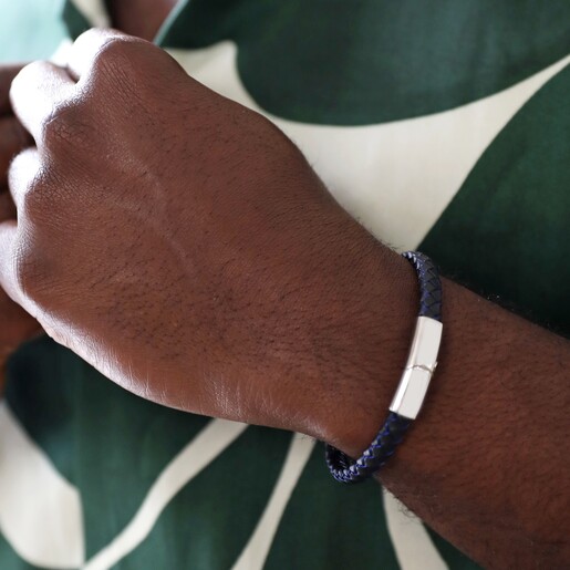 On Model Model Wearing Personalised Men's Woven Leather Bracelet in Black and Blue