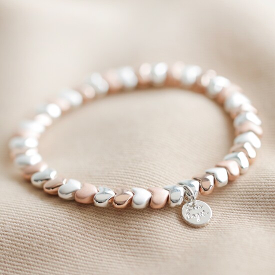 Beaded Hearts Bracelet in Silver and Rose Gold