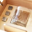 3 whisky stones and etched glass tumbler in wooden box with wooden coaster