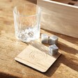 etched glass, 3 whisky stones and wooden coaster