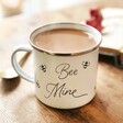 Bee Mine White Enamel Mug Placed on Table and Filled with Tea