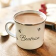 Personalised Name White Enamel Mug Filled with Tea