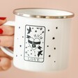 Model Holding Unique Personalised Love Tarot White Enamel Mug
