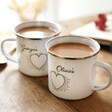 Personalised Set of 2 Heart Enamel Mugs filled with tea