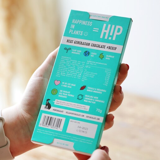 Back of H!P Chocolate: Oat M!lk Chocolate Bar Packaging