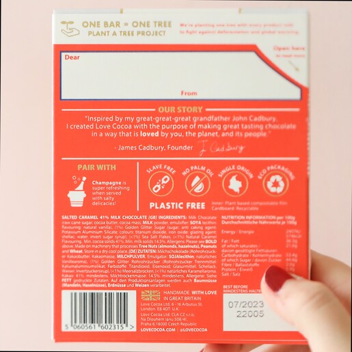 Back of Packaging for Love Cocoa Salted Caramel 41% Milk Chocolate Bar