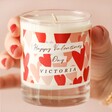 Model Holding Personalised Happy Valentine's Day Hearts Scented Soy Candle