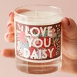 Model Holding Personalised Love You Scented Soy Valentine's Day Candle