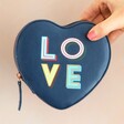 Model Holding Navy Blue Love Heart Travel Jewellery Case