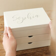 Model with Hands on Personalised Name White Jewellery Box with Drawers