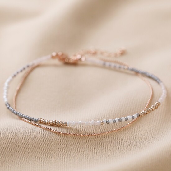 Layered Beaded Anklet in Grey and Rose Gold