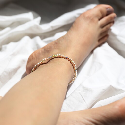 Miyuki Seed Bead and Freshwater Seed Pearl Anklet Body Jewellery on Model Sitting on Fabric