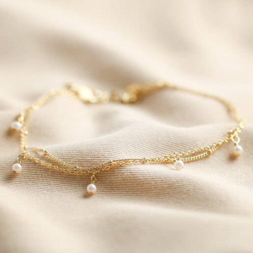 Set of 2 Pearl and Chain Anklets in Gold | Lisa Angel