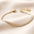 Gold Stainless Steel Double Snake Chain Bracelet on Beige Fabric