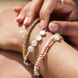 Gold Stainless Steel Rainbow Bead and Freshwater Pearl Bracelet on Model with Tarot Bracelet