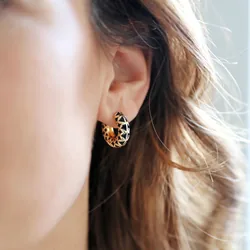 Black Geometric Enamel Hoop Earrings in Gold