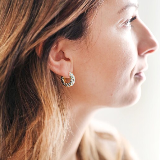 Blue Geometric Enamel Hoop Earrings in Gold on Model