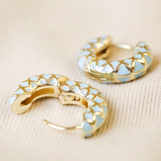 Open and Closed Blue Geometric Enamel Hoop Earrings in Gold