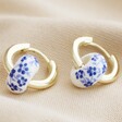 Blue Willow Bead Hoop Earrings in Gold on Beige Fabric