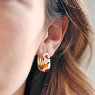 Colourful Cloisonné Fruits Hoop Earrings in Gold