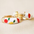 Colourful Fruits Enamel Hoop Earrings in Gold on Fabric
