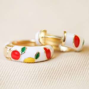 Colourful Cloisonné Fruits Hoop Earrings in Gold