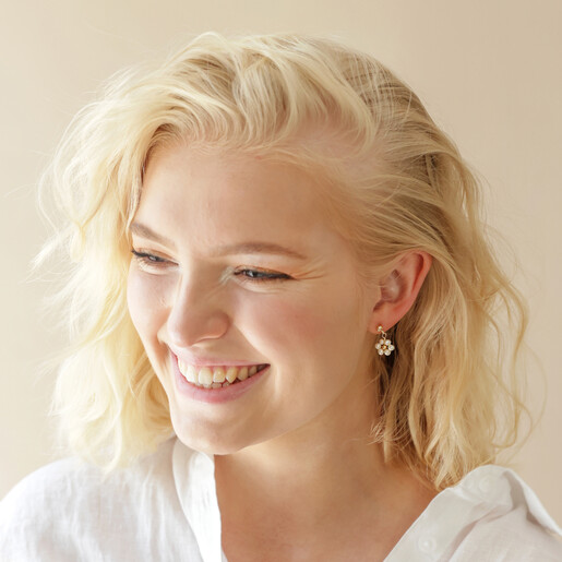 Freshwater Pearl Daisy Drop Earrings in Gold on Model