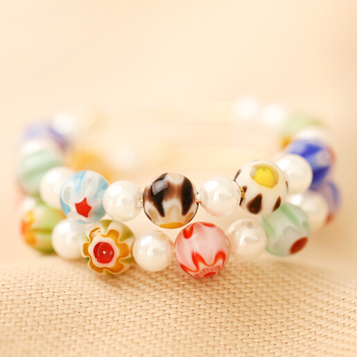 Colourful Millefiori Bead and Pearl Hoop Earrings in Gold