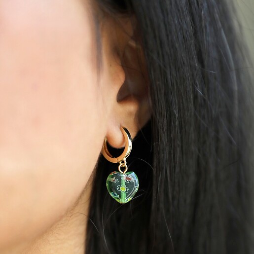 Millefiori Colourful Heart Bead Huggie Hoop Earrings on Model